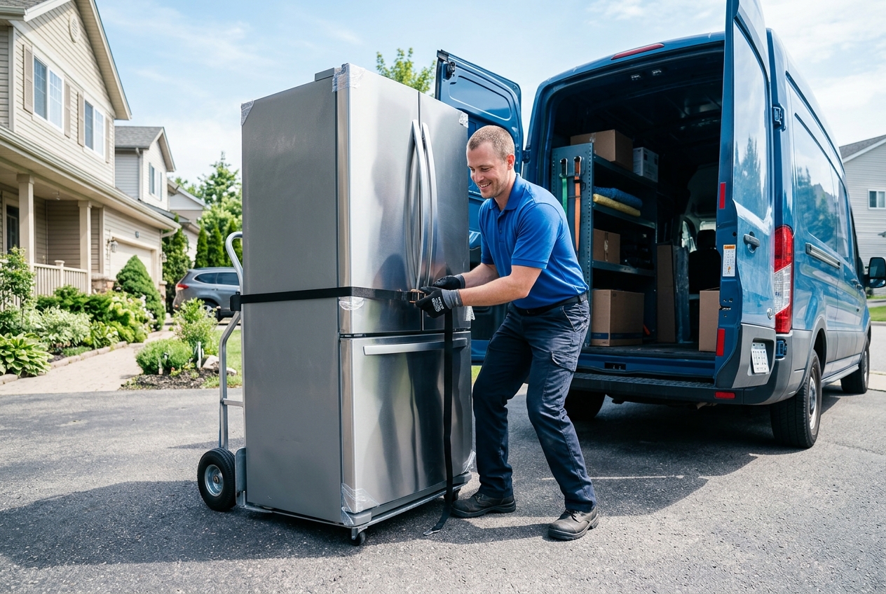 Delivery professional loading a refrigerator onto a service van